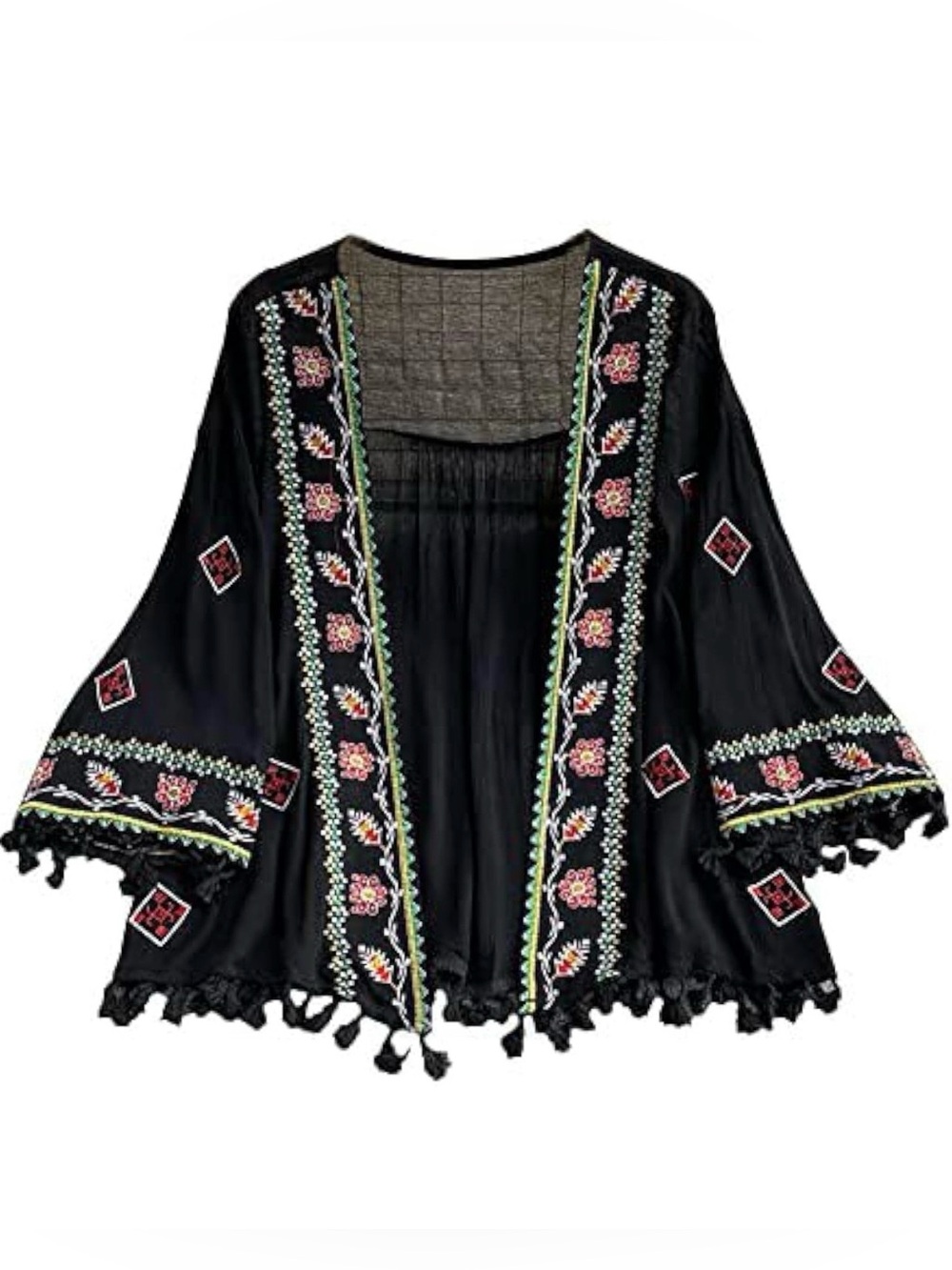 Black Embroidered Boho Kimono with Pink Floral Accents 
Size large NWT